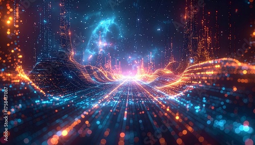 Digital Universe Exploration: An artistic representation of a dynamic, interconnected digital realm, alive with vibrant energy and data streams, where innovation meets imagination.