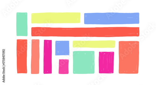 A vibrant and playful abstract composition of colorful, hand-drawn geometric rectangle shapes arranged on a clean white background