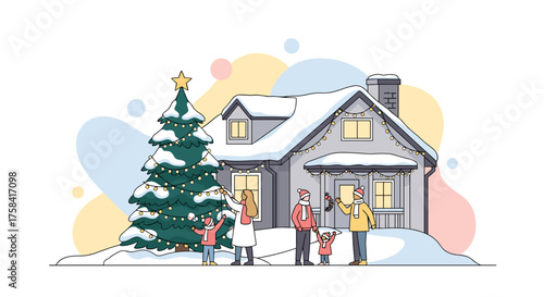 A happy family decorates their snow-covered home and Christmas tree with festive lights during a joyful winter holiday season.