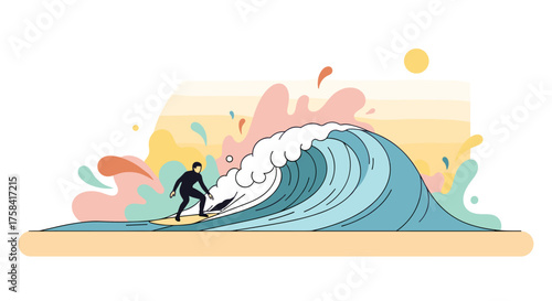 A skilled surfer rides a powerful ocean wave under a bright summer sun, showcasing dynamic action and vibrant flat design illustration.