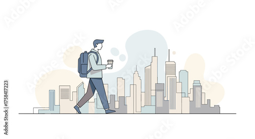 A young person walks confidently through a modern city, carrying a backpack and enjoying a hot beverage, embodying urban lifestyle.