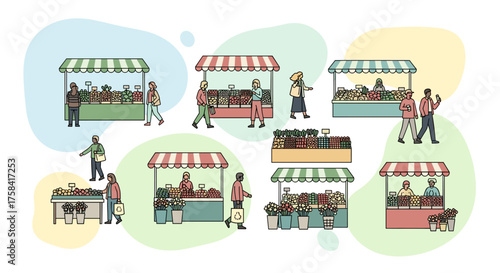 A vibrant outdoor market scene depicts diverse shoppers and vendors interacting amongst colorful stalls filled with fresh produce, flowers, and various goods.