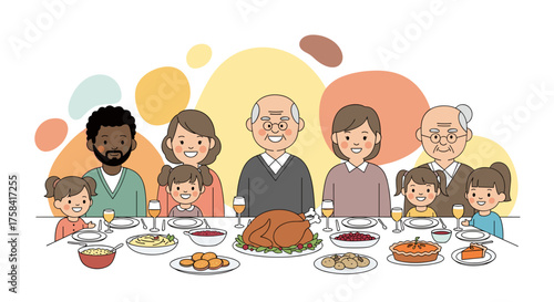 A joyful multi-generational family, featuring diverse members and children, gathers around a festive dining table to share a delicious holiday meal, celebrating togetherness.
