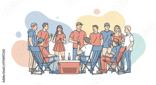 Friends gather outdoors for a casual party, sharing moments and drinks in a stylish line art illustration with soft colors.