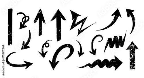 A diverse set of hand-drawn black arrows with a grunge, textured effect. Vector illustration collection of doodle pointers and direction signs