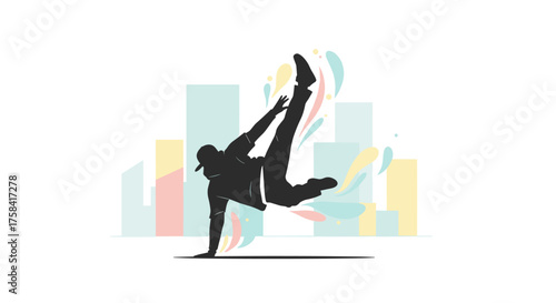 A dynamic breakdancer silhouette performs an acrobatic street dance move against a vibrant, modern abstract urban background, embodying youthful energy and artistic expression.