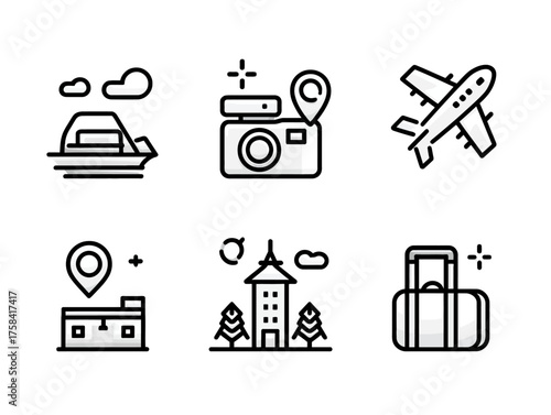 Vector Icon Set for Travel and Photography in Modern Minimalist Style Featuring Boat Camera Airplane Building and Luggage
