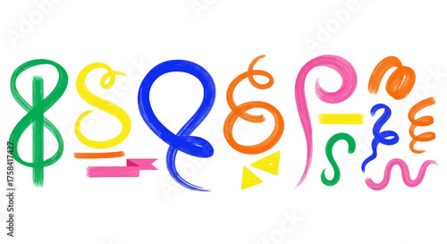 Playful set of vibrant hand-painted brushstroke elements, including abstract loops, colorful ribbons, and festive confetti shapes