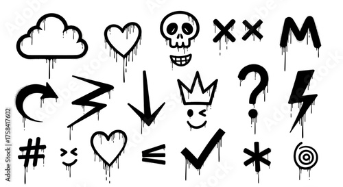 Set of black graffiti spray paint icons with a dripping liquid effect. Vector illustration collection of urban street art symbols isolated on white