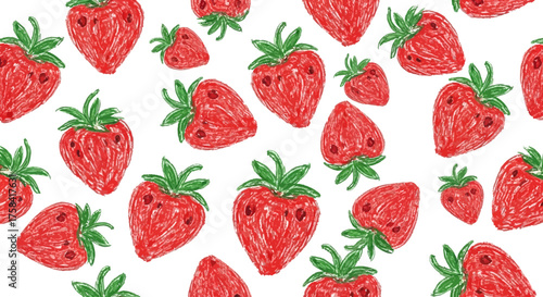 Hand-drawn strawberry pattern with a naive, childlike crayon texture. Seamless repeat design perfect for textiles, wrapping paper, or cute backgrounds