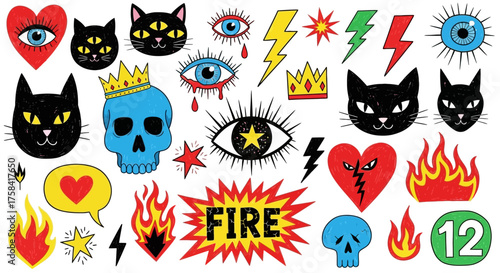 A vibrant set of hand-drawn tattoo style doodle illustrations featuring mystic symbols, black cats, skulls, and flames