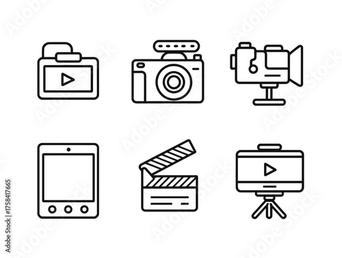 Vector Icon Set of Media Devices and Filmmaking Equipment in Modern Minimalist Style