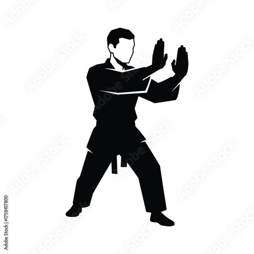 Silhouette of a martial artist in a defensive stance with hands raised on a white background