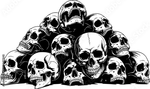 Detailed Pile of Human Skulls Stacked Vintage Style Black and White Outline Line Art Drawing
