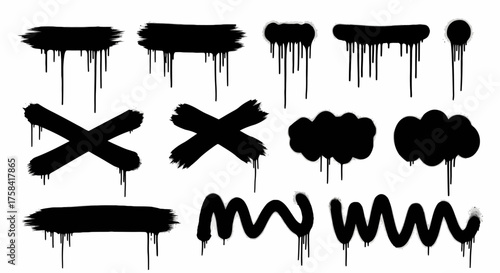 A collection of black spray paint graffiti elements, including dripping lines, crosses, clouds, and squiggle shapes for design