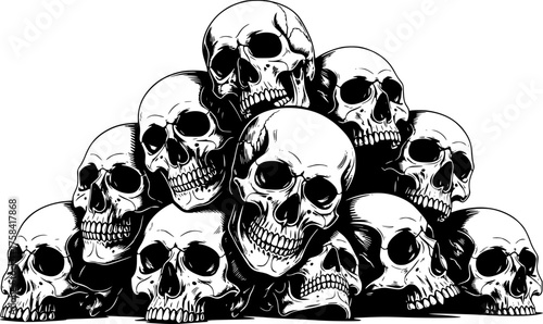 Detailed Pile of Human Skulls Stacked Vintage Style Black and White Outline Line Art Drawing
