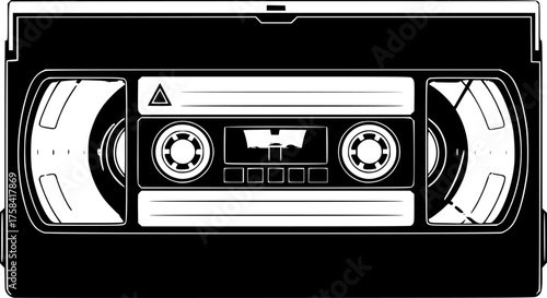 Retro VHS Cassette Tape Front View Black and White Outline Line Art Drawing Vintage Media Object
