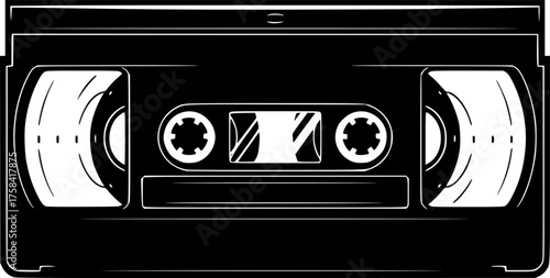 Retro VHS Cassette Tape Front View Black and White Outline Line Art Drawing Vintage Media Object
