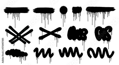 Set of urban street art graffiti elements with a dripping effect. Black spray paint strokes, tags, and shapes for creative design projects
