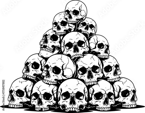 Detailed Pile of Human Skulls Stacked Vintage Style Black and White Outline Line Art Drawing
