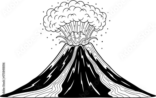 Volcano Erupting Smoke and Lava in Coloring Book Style Black and White Outline Line Art Drawing
