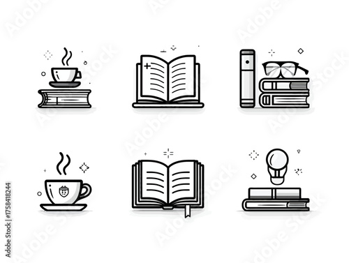 Minimalist Vector Icon Set with Books Coffee and Reading Elements in Modern Style