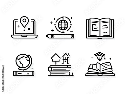 Minimalist Vector Icon Set with Education and Knowledge Symbols in Black Line Style