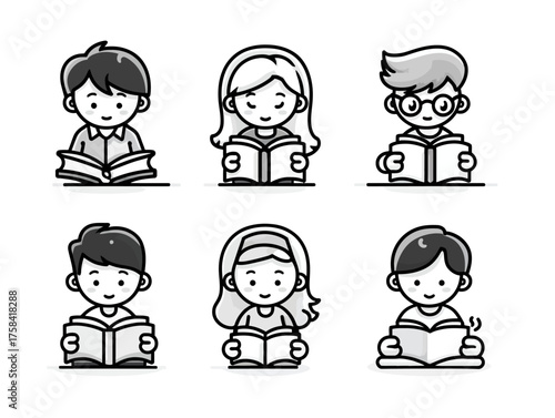 Vector Illustration of Children Reading in Modern Cartoon Style with Black White Monochrome Palette