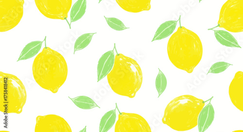 Hand-drawn bright yellow lemons and foliage illustration. A vibrant, fresh and juicy citrus fruit seamless pattern