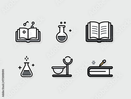 Vector Illustration Set of Scientific Laboratory Icons in Minimalist Style with Monochrome Gray Palette