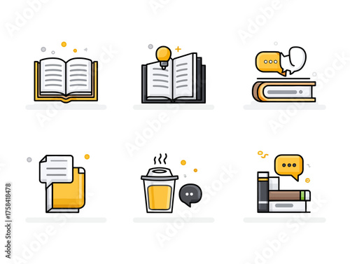 Vector Icon Set of Educational and Reading Symbols in Modern Flat Style with Bright Yellow and Gray Colors