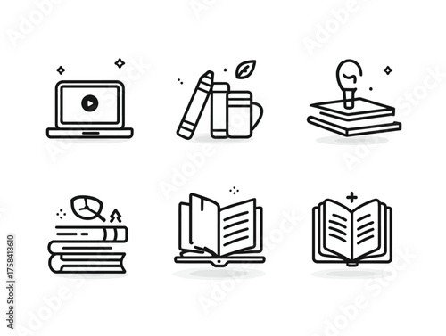 Vector Icon Set for Educational and Learning Applications Featuring Book and Computer Symbols in Minimalist Line Style with Black and White Color Scheme