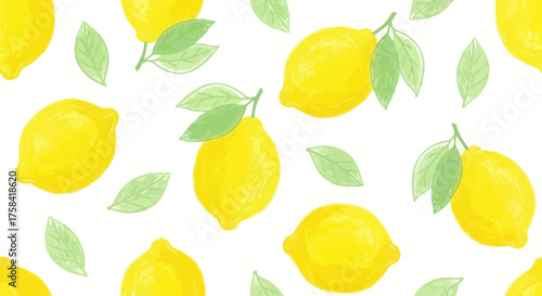 Hand-drawn lemon fruit and leaf seamless pattern with a crayon texture. A vibrant summer citrus illustration for a fresh background design