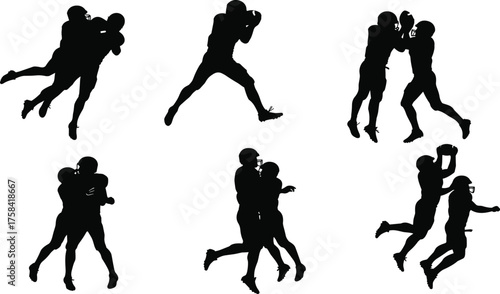 American football player silhouettes in dynamic action poses with ball, tackling, blocking, catching, sports vector illustration for athletic competition and teamwork design