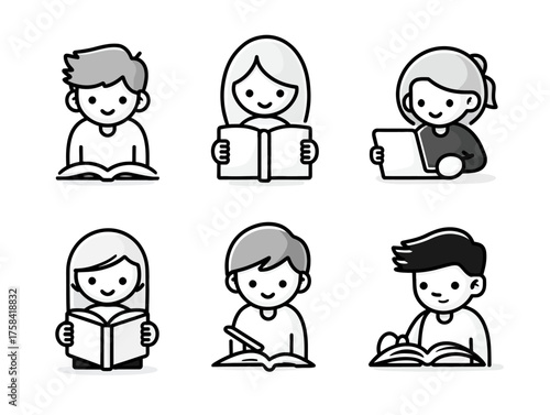 Vector Illustration of Kids Reading in Minimalist Cartoon Style with Black White Color Scheme