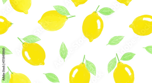 Vibrant, refreshing pattern of hand-painted watercolor lemons and scattered green leaves on a simple white background, a fresh summer citrus illustration