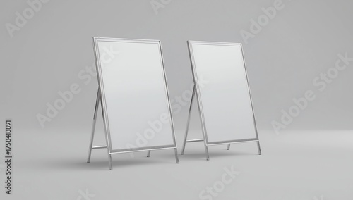 Blank white metallic outdoor stand mockup set, isolated, front and side view, 3d rendering. Clear street signage board mock up. A-board with metal frame template
