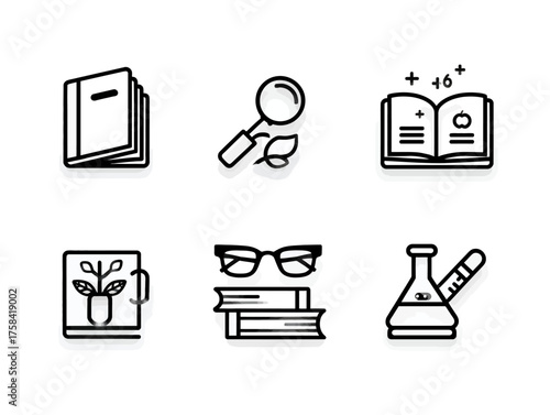 Minimalist Vector Icon Set for Education and Science with Books Magnifying Glass Plant Glasses and Laboratory Flask