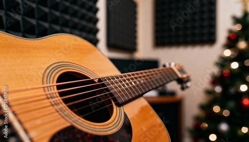 Close up of acoustic guitar strings and sound hole in music studio with Christmas tree