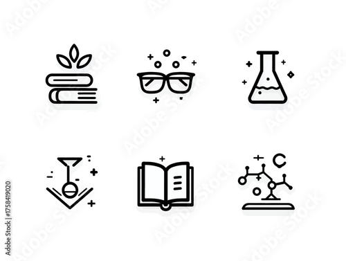 Vector Icon Set with Education Science Reading Glasses Book Chemistry Symbols