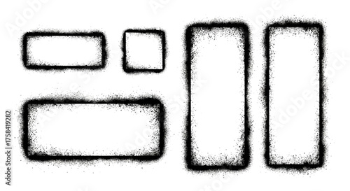 Set of black spray paint stencil frames with grunge texture. Collection of isolated rectangular graffiti borders made with aerosol spray. Vector element