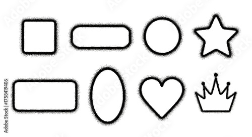 Collection of various geometric and symbolic shapes with a spray paint effect. Vector graffiti stencil icons set on white background