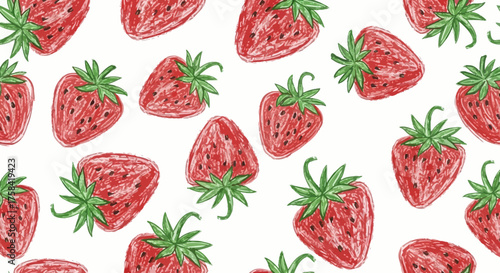 Hand-drawn seamless pattern of vibrant red strawberries with a crayon-like texture. Fresh summer fruit illustration for background or fabric design