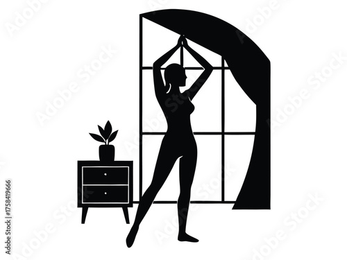 Vector art of silhouette of a woman opening curtains