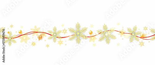  Seamless decorative christmas border with golden snowflakes and festive ornaments on transparent background.