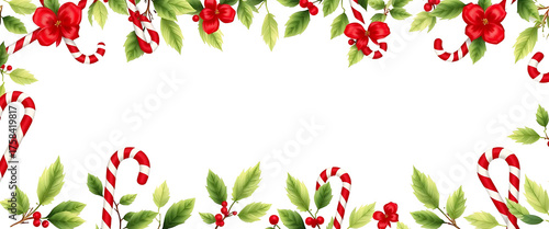  Seamless decorative christmas border with red candy canes and festive green leaves on transparent background.