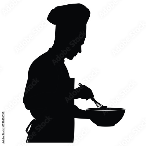 Silhouette of a chef in uniform stirring a bowl with a whisk against a white background