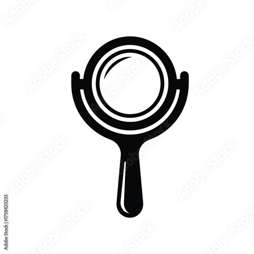 A simple black and white illustration of a round handheld mirror with a small handle