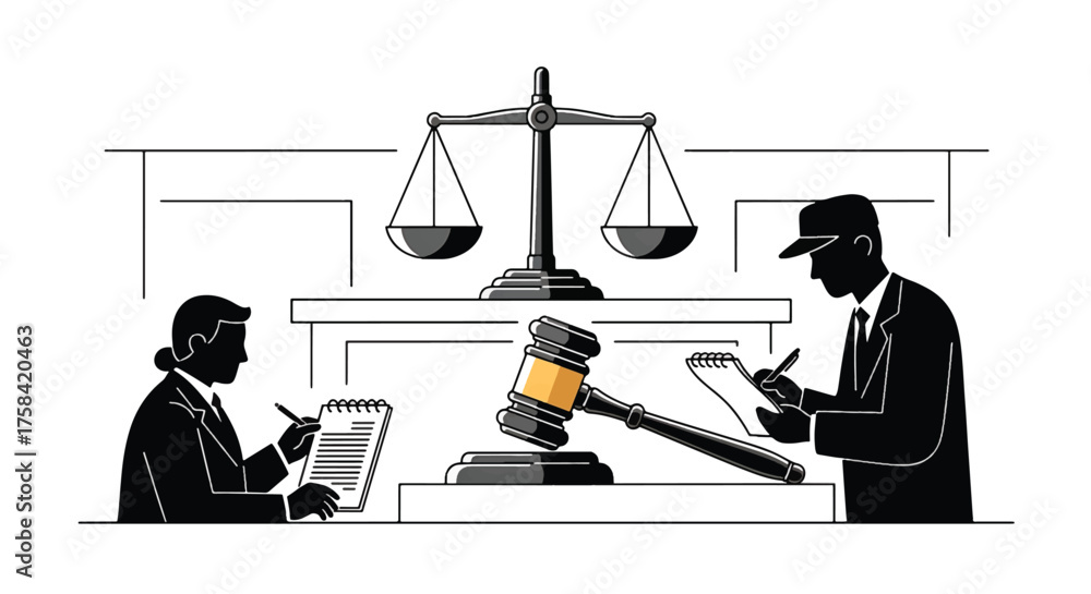 Obraz premium A journalist and a lawyer discussing documents at a desk with a gavel and scales of justice in a courtroom setting.