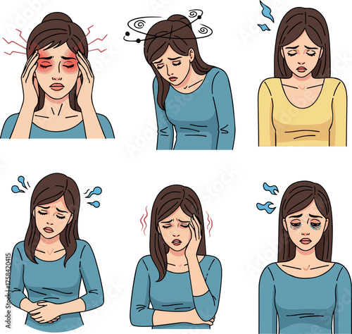 Isolated a kinds of deferent Tired woman have headache, migraine, dizziness and other chronic fatigue syndrome symptoms. Collection of various early warning signs of disease. vector art .